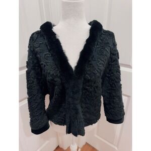 Elie Tahari Black Rabbit Fur Wool Damask Evening Jacket Medium Classy Jackie 0
